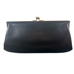VTG Etra Black Leather Kiss Lock Clutch Gold Frame Evening Bag Purse 1950s 60s